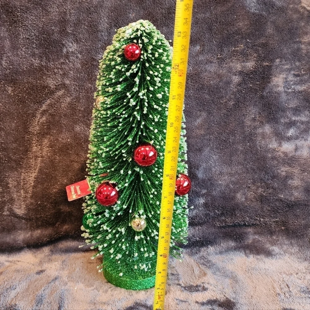 New exclusive sisal bottle brush green Christmas tree with ornaments, 13 in long